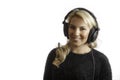 Pretty Blonde Girl Smiling Wearing Studio Headphones Isolated Background