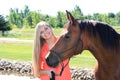 Pretty Blonde High School Senior Girl Outdoor with Horse Royalty Free Stock Photo