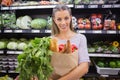 Pretty blonde holding bag with bread and vegetable Royalty Free Stock Photo