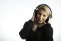 Pretty Blonde Wearing Studio Headphones Listening Music Isolated Background