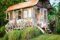 Pretty blonde woman and antique gypsy caravan 6