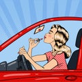 Pretty Blonde Woman Applying Lipstick While Driving a Car. Pop Art