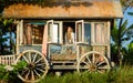 Pretty blonde woman and antique gypsy caravan 4 Royalty Free Stock Photo