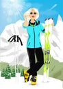 Pretty blonde woman standing with mountain skis