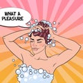 Pretty Blonde Woman Washing her Head with Shampoo. Morning Shower. Pop Art illustration