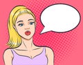 Pretty blonde young woman thinking bubble in pop art comic style, vector illustration eps10 Royalty Free Stock Photo