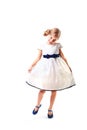 Pretty blondie six years old small girl on white background in white prom dress Royalty Free Stock Photo