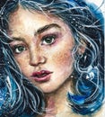 Pretty blue haired girl hand drawn watercolor illustration