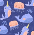 Pretty blue and pink background pattern of sea life with baleen whales and narwhals interspersed with jellyfish in