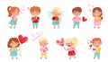 Pretty Boy and Girl Character Holding Love Heart and Valentines Card Vector Illustration Set Royalty Free Stock Photo