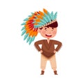 Pretty Boy Indian Standing with Bright Feathered Headdress on His Head Vector Illustration Royalty Free Stock Photo