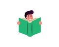 Pretty boy smiling and holding a book in his hands. Smart child reads a book, studies. Cartoon vector illustration in