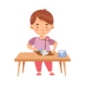 Pretty Boy Standing at Table Woodworking Coating Wooden Toy Boat with Paint Vector Illustration