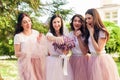 The girlfriends share happiness with the bride Royalty Free Stock Photo