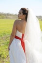 Pretty bride walking on field with kite Royalty Free Stock Photo