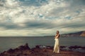 Pretty bride in white wedding dress with veil Royalty Free Stock Photo