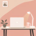 Pretty bright pink minimalist illustration of a calm working space of a desk with a laptop