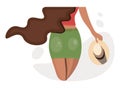 Pretty brunette in a short green skirt with a hat in her hand. Elegant woman with magnificent hair. Back view. Vector