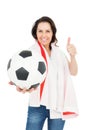 Pretty brunette with thumbs up holding soccer ball