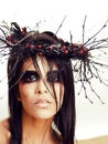 Pretty brunette woman with make up like demon at halloween, closeup scary Royalty Free Stock Photo