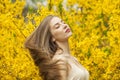 Pretty brunette woman portrait. Beautiful female model with long hair and make-up in spring garden outdoor Royalty Free Stock Photo