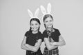 Pretty bunny. Entertainment and event concept. Spring holidays. Children in rabbit bunny ears. Family and sisterhood