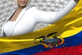 young business lady holds Ecuador flag in front on the modern architecture background - flag concept 3d illustration