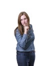 Pretty business woman making silence gesture over white background. Royalty Free Stock Photo