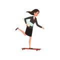 Pretty business woman riding skateboard with project plans and rolled blueprints for engineer job. Young girl in formal