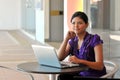 Pretty businesswoman girl with laptop at cafe
