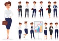 Pretty cartoon businesswoman lady character different poses design set. Vector design.