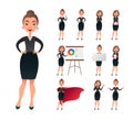 Pretty businesswoman working character set. Sucessful entrepreneur lady in office work situations. Confident young Royalty Free Stock Photo