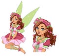 Pretty cartoon fairy with curly brown hair and tanned skin wearing flower wreath and cute pink dress. Hand drawn vector