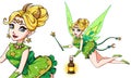 Pretty cartoon fairy holding lantern and magic wand. Blonde hair, green dress