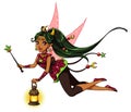 Pretty cartoon fairy holding lantern and magic wand. Green hair, red dress