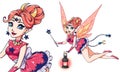 Pretty cartoon fairy holding lantern and magic wand. Pink hair and dress