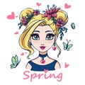 Pretty cartoon girl portrait. Big blue eyes, blonde hair and pink flowers. Hand drawn vector illustration, isolated on white Royalty Free Stock Photo