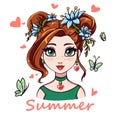 Pretty cartoon girl portrait. Big green eyes, red hair and blue flowers. Hand drawn vector illustration, isolated on white