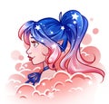 Pretty cartoon girl with shine cosmos hair in blue and pink colors.