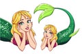 Pretty cartoon lying mermaid. Blonde hair and shiny green fish tail