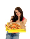 Pretty casual girl with pizza in delivery box Royalty Free Stock Photo