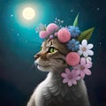 cat with a pink crown of colorful flowers