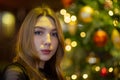 Pretty caucasian young girl, seductive lipstick and wavy hair in cafe Royalty Free Stock Photo