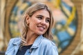 Caucasian young woman dressed in denim jacket Royalty Free Stock Photo