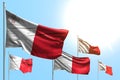 Pretty celebration flag 3d illustration - 5 flags of Malta are waving on blue sky background