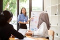 A pretty Asian businesswoman is presenting her summarized financial data on the board to her team Royalty Free Stock Photo