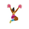Pretty cheerleader raised hands up with pompoms and jumping, vector cartoon character performs the acrobatic fan dance Royalty Free Stock Photo