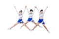 Pretty cheerleader team jumping together on studio Royalty Free Stock Photo