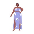 Pretty chubby fat woman portrait. African girl with plump curvy body, standing in elegant evening party dress. Modern