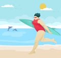 Pretty Clubby Lady Running on Beach with Surfboard